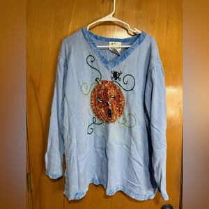 Vintage Halloween Pumpkin Sweater – Sparkle Jack-O’-Lantern & Spider –2XL